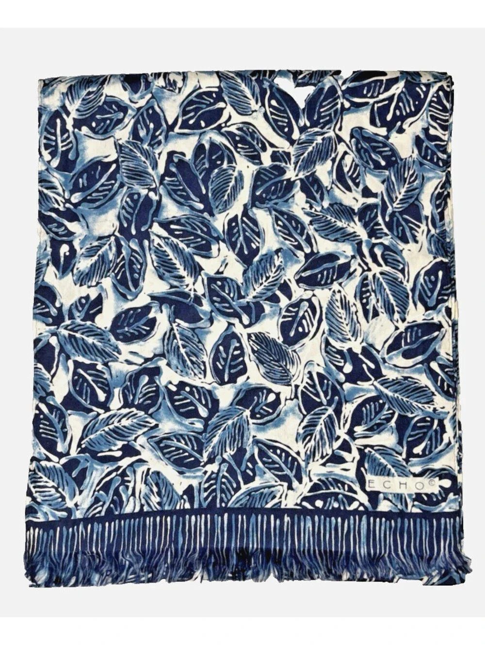 Vintage 1990's Echo Silk Scarf Blue Leaf Fringe Hand Rolled 10.5